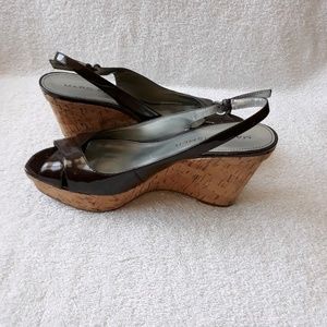MARC FISHER Brown Strap Open-Toe Wedge Heels Sz 10
